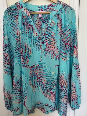 Lilly Pulitzer Aqua Multi-Color Printed Peasant Blouse